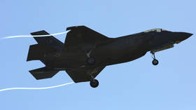An F-35 is seen landing at the Royal Air Force base in Lakenheath, UK, on March 18, 2026.