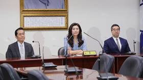 Cheng Li-wun, the chairwoman of Taiwan’s Kuomintang party attends a press conference on March 30, 2026 in Taipei.