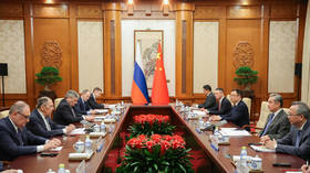 Delegations led by Russian Foreign Minister Sergey Lavrov (L) and Chinese Foreign Minister Wang Yi (R) meet in Beijing, China on April 14, 2026.
