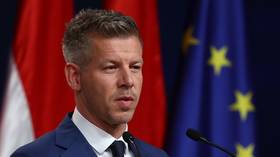 Tisza party leader Peter Magyar during a press conference following a landslide victory in Hungarian parliamentary elections.