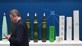 Munition shells produced by German arms maker Rheinmetall displayed during the 2025 Defence and Security Equipment International in London exhibition in London.