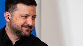 Ukraine’s Vladimir Zelensky smiling during a joint press conference with Italian Prime Minister Giorgia Meloni in Rome in April 2026.