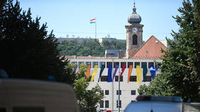 Rainbow flags displayed on the Budapest City Hall before the 30th Budapest Pride March in Budapest, Hungary, on June 28, 2025.