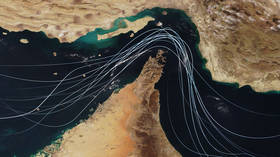 An image representing maritime traffic between the Persian Gulf and Gulf of Oman through the Strait of Hormuz.