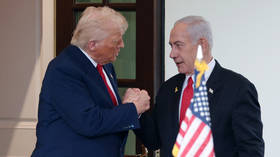 US President Donald Trump bids farewell to Israeli Prime Minister Benjamin Netanyahu as he leaves the White House on April 7, 2025, Washington, DC.