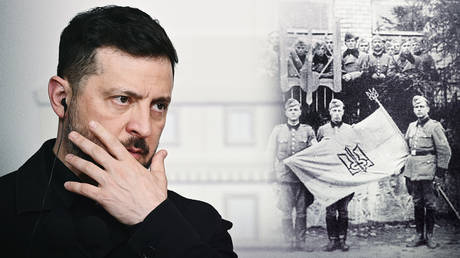 FILE PHOTOS: Ukrainian leader Vladimir Zelensky. 115th Schutzmannschaft Ukrainian Auxiliary Police battalion, 1943.