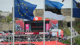 A Victory Day concert at a fortress in Ivangorod, Russia, marking the 81st anniversary of victory over Nazi Germany, as seen from across the border in Narva, Estonia, May 9, 2026.