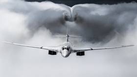 A Russian Tupolev Tu-160 strategic bomber during a Victory Day military parade in Moscow in 2020.