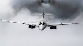 A Russian Tupolev Tu-160 strategic bomber during a Victory Day military parade in Moscow in 2020.