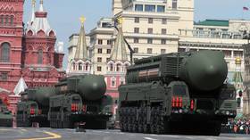 Russian Yars intercontinental ballistic missile (ICBM) systems are seen during a Victory Day parade rehearsal in Moscow, Russia, on May 7, 2022.