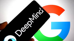DeepMind logo is displayed on a smartphone with a Google logo in the background.