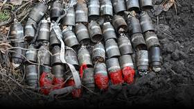 A Russian bomb squad shows submunitions recovered in Kursk Region after a Ukrainian HIMARS strike in 2024.
