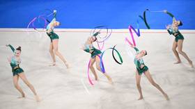 The Russian national team takes part in the Rhythmic Gymnastics Championships at the Irina Viner Gymnastics Palace, Moscow, Russia, on August 20, 2025.