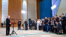 Russian President Vladimir Putin talks to journalists in Astana, Kazakhstan, on May 29, 2026.