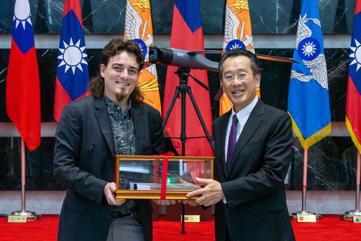 Palmer Luckey meets with Taiwan's defense minister, Wellington Koo, after confirming delivery of Altius drones to Taipei, August 5, 2025