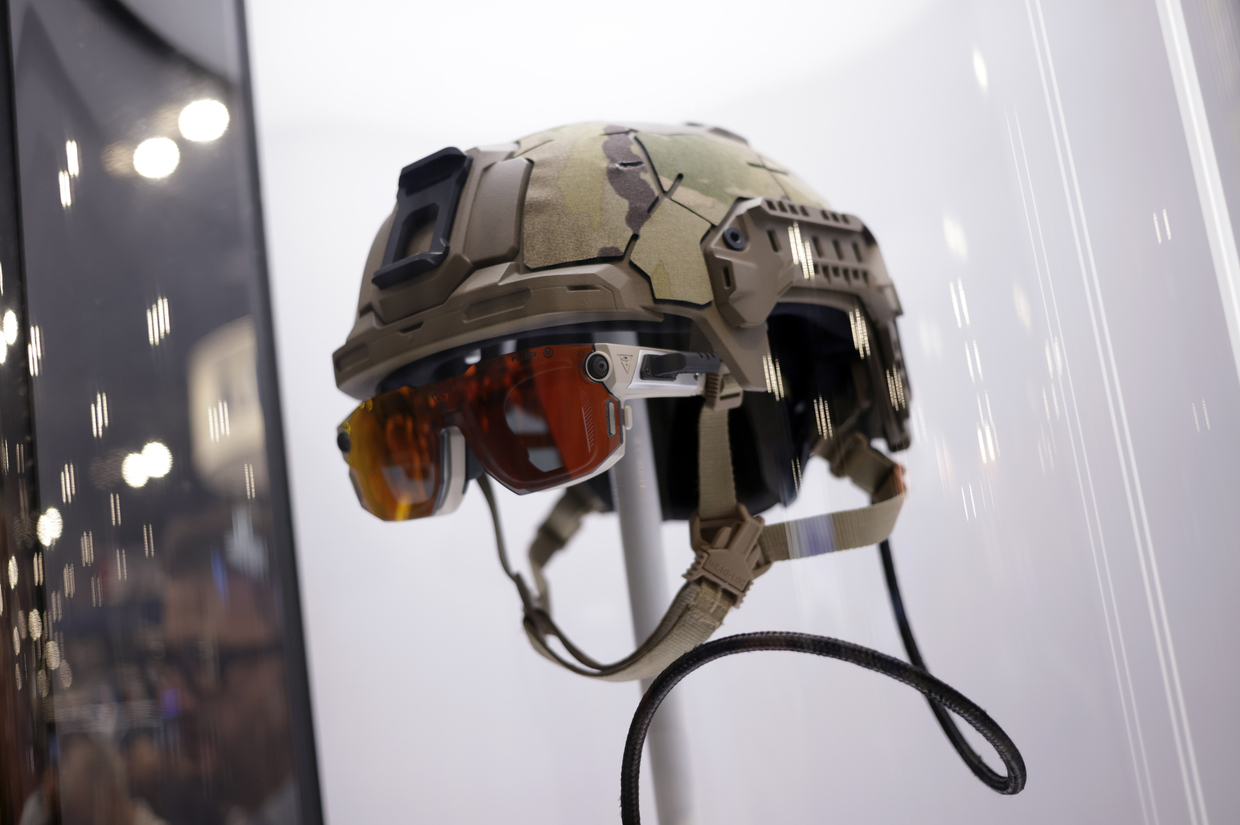 Anduril Industries EagleEye AI-powered augmented reality goggles are displayed at the Tampa Convention Center in Tampa, Florida, May 19, 2026