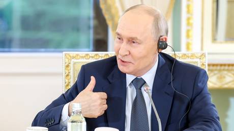 Russian President Vladimir Putin answers questions from international news agency heads in St. Petersburg, June 4, 2026