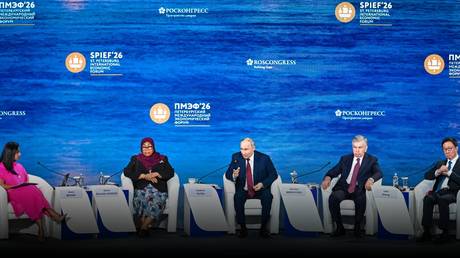 Russian President Vladimir Putin on stage at the plenary session of the St. Petersburg International Economic Forum.
