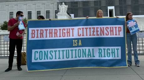 FILE PHOTO: Demonstrators rally in front of the US Supreme Court in Washington, DC, US, on May 15, 2025.