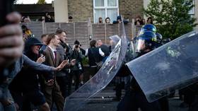 Riot police push forward with shields as violent clashes erupt at a protest over Henry Nowak’s murder in Southampton, UK, on June 2, 2026.