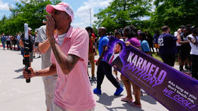Demonstrators are seen outside the Collin County courthouse during the sentencing of Karmelo Anthony, in McKinney, Texas, June 9, 2026.