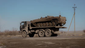 A Ukrainian BMP-1 infantry fighting vehicle is transported in Ukraine, on January 23, 2024.
