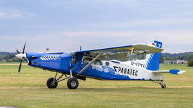 A Pilatus PC-6 aircraft is seen at an airfield in Unterallgau in Germany, on July 27, 2025.