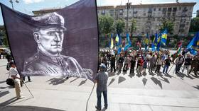 Ukrainian nationalists during a protest in Kiev in 2017, marking Roman Shukhevich’s birthday.