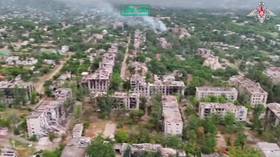 A screenshot from the Russian Defense Ministry’s video shows an aerial view of Konstantinovka following its liberation by the Russian military.
