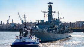 The Royal Navy ship "HMS Somerset" arrives in the port of Hamburg, Germany, on April 4, 2025.