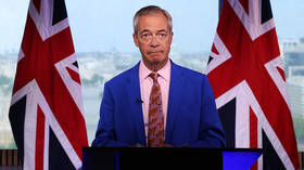 Reform UK Leader Nigel Farage announces his resignation as a member of parliament in a speech broadcast from London, England, July 7, 2026