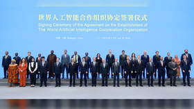 Representatives of 29 nations are seen during the signinging ceremony of an agreement on the World Artificial Intelligence Cooperation Organization (WAICO) in Shanghai, China, on July 16, 2026.