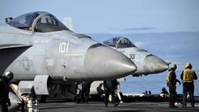 US F/A-18 fighter jets on the aircraft carrier USS Gerald R. Ford in Oslo, Norway, on September 24, 2025.
