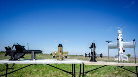 Military drones are displayed at an exhibition site on the outskirts of Kiev, Ukraine, on May 11, 2026.