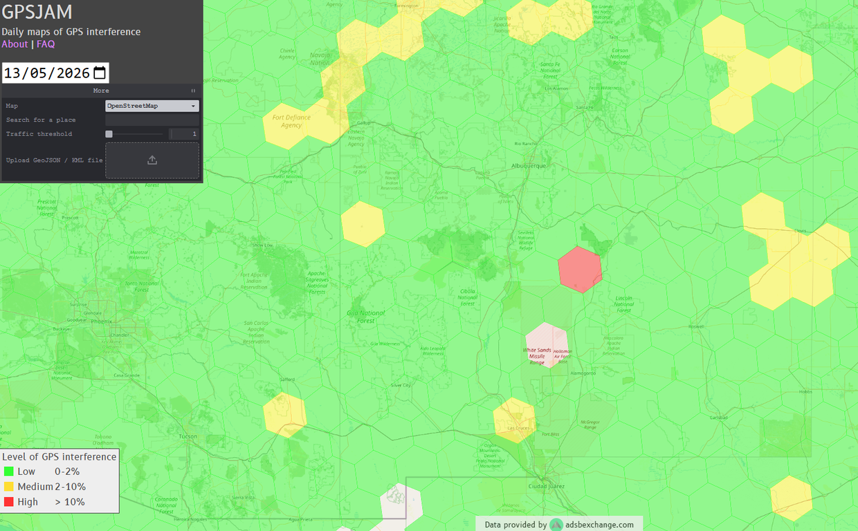 A map showing GPS interference around White Sands Missile Range in New Mexico on the night of the crash