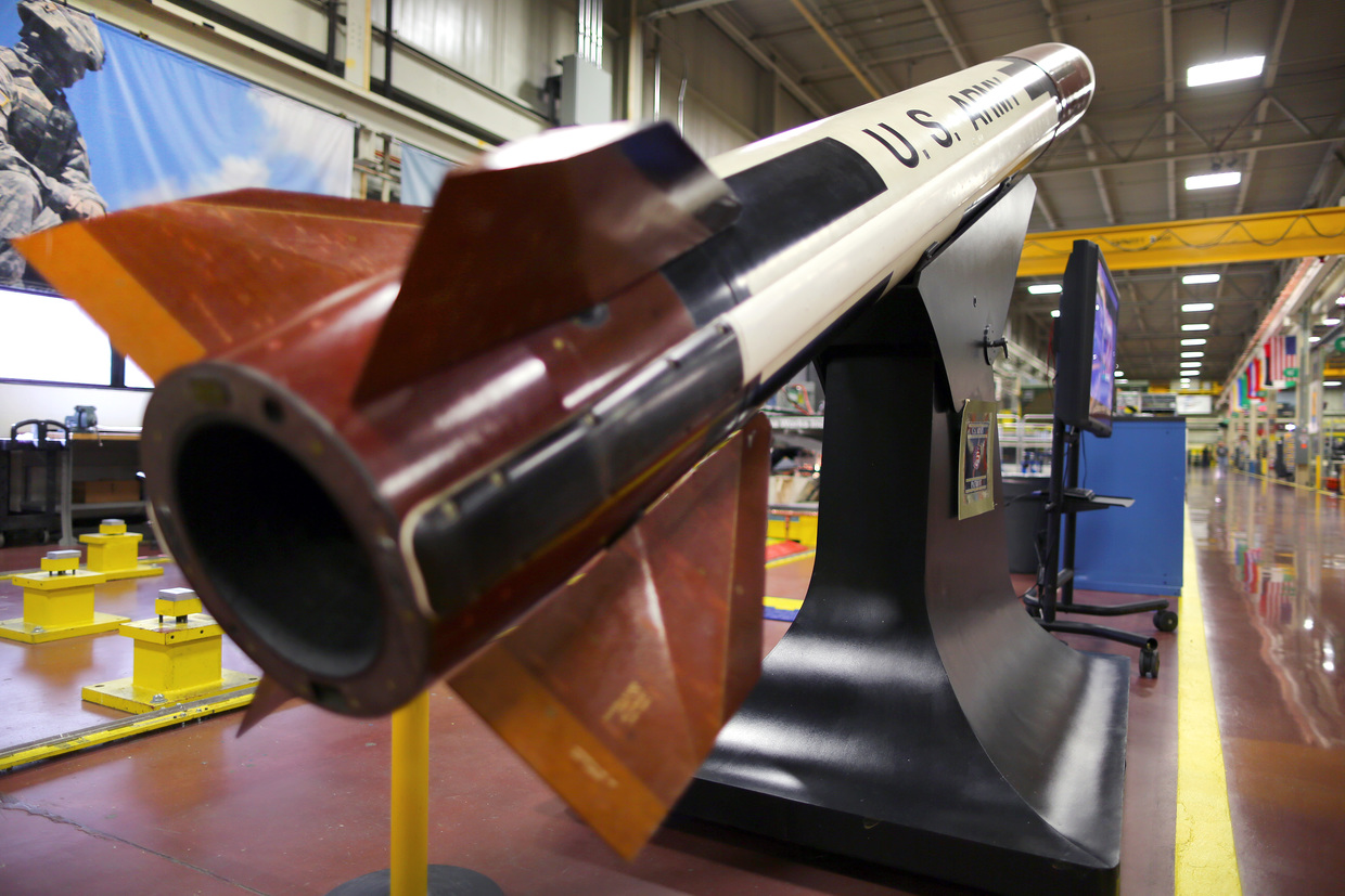 A PAC-2 (also known as a Patriot GEM-T) interceptor on display at Lockheed Martin's Integrated Air Defense Center in Andover, Massachusetts, October 9, 2014