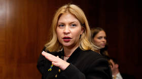 Ukrainian diplomat Olga Stefanishina participates in a US Congress hearing in 2025.
