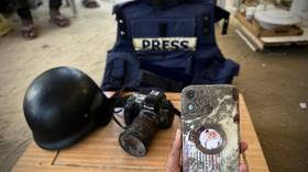 The camera, press vest, helmet and mobile phone of Mariam Abu Dagga, one of the five journalists killed in the Israeli strike on Nasser Medical Complex in Khan Yunis on August 25, 2025.