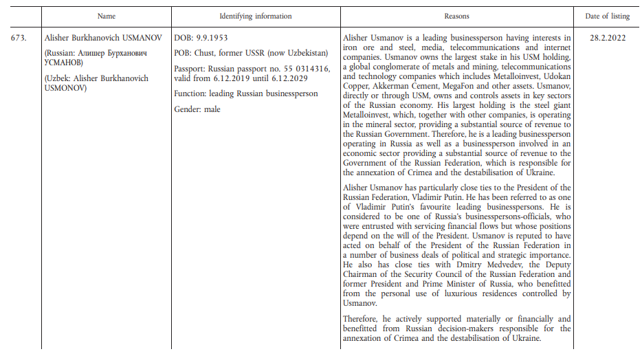 Alisher Usmanov's entry in the EU's sanctions ledger, February 28, 2022