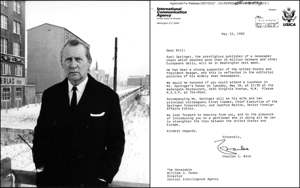 (L) Axel Springer stands next to the Berlin wall; (R) A 1982 letter introducing Springer to CIA Director William Casey
