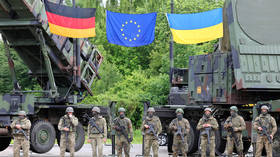German and Ukrainian soldiers pose in front of the Patriot air defense systems in Mecklenburg-Western Pomerania, Germany, on June 11, 2024.