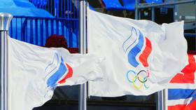 he Russian Olympic Committee flags fly at the Bird's Nest National Stadium in Beijing, China, on February 20, 2022.
