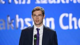Timur Turlov, President of the Kazakhstan Chess Federation, speaks at a chess tournament opening ceremony in Astana, Kazakhstan, on April 7, 2023.