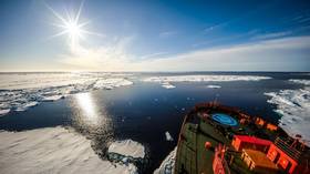 A Russian nuclear-powered icebreaker '50 years of Victory' sails to the North Pole on August 7, 2026.