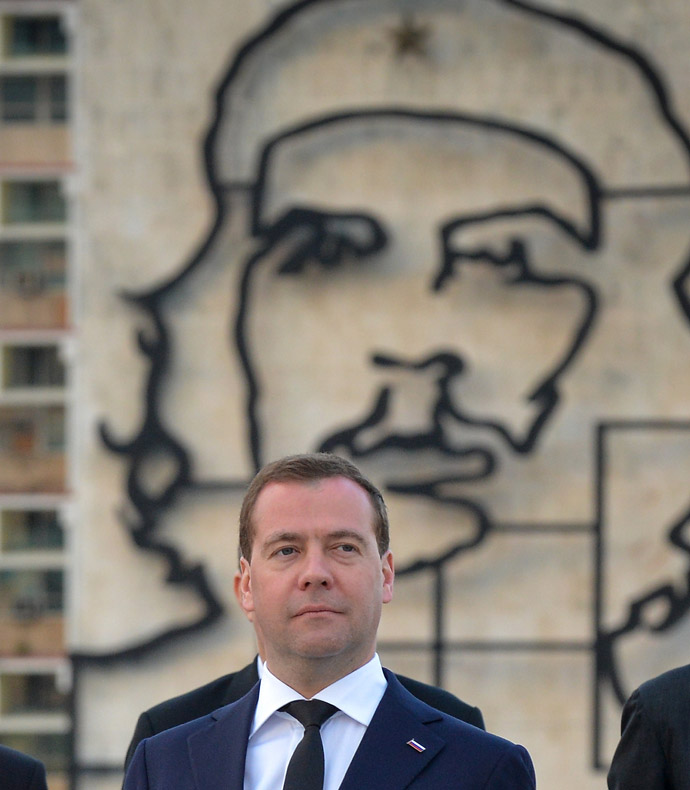 Russian Vice President Dmitri Medvedev during a ceremony at Revolution Square in Havana, on February 21, 2013. Medvedev is in Cuba in a three-day official visit. (AFP Photo/Adalberto Roque)