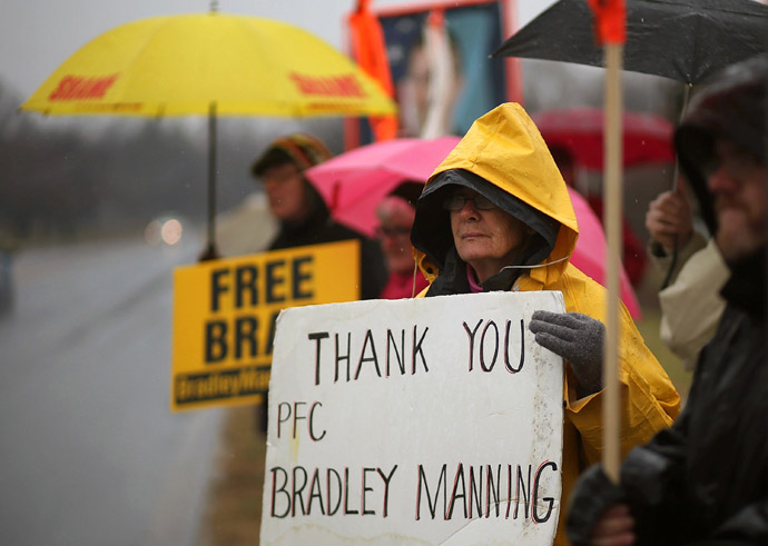 Protesters from the Bradley Manning Support Group hold signs during a rally at the entrance to Fort George G. Meade on November 27, 2012 in Fort Meade, Maryland. (Mark Wilson/Getty Images/AFP)