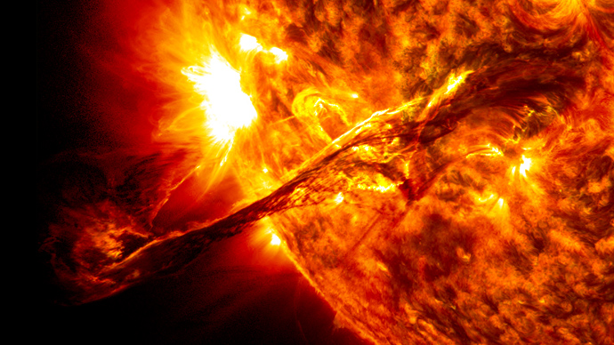 On Aug. 31, 2012, a giant prominence on the sun erupted, sending out particles and a shock wave that traveled near Earth - the possible cause of the third belt. This image of the prominence before it erupted was captured by NASA's Solar Dynamics Observatory (SDO), (NASA / SDO / AIA / Goddard Space Flight Center)