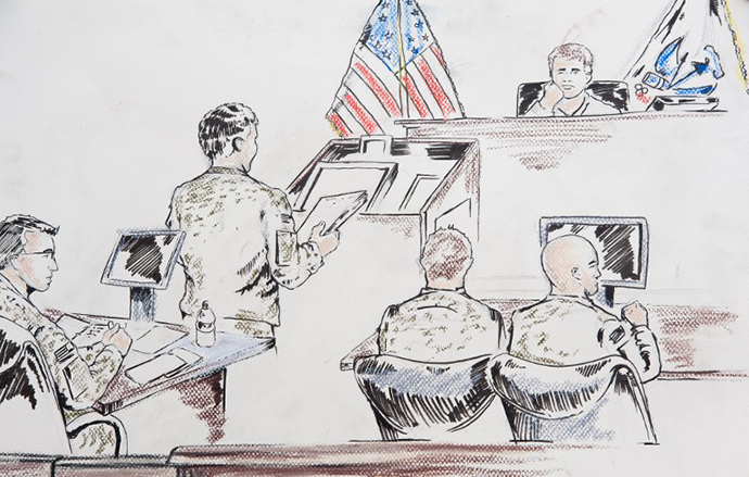 This courtroom sketch shows US Army Private First Class Bradley Manning (L) on December 16, 2011 at Ft. Meade, Maryland. (AFP Photo / Shawn P. Sales)