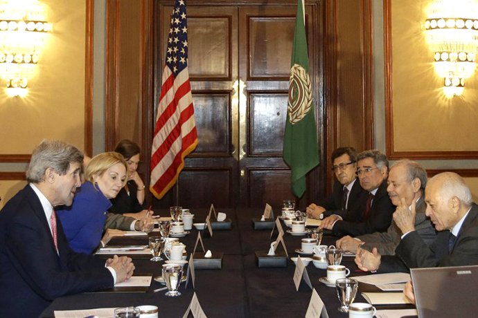 U.S. Secretary of State John Kerry meets with Arab League Secretary General Nabil al-Arabi in Cairo, on March 2, 2013. (AFP Photo / Jacquelyn Martin)
