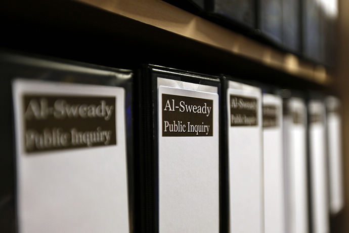 Files are seen at the venue of the Al-Sweady Inquiry is seen on the first day of the inquiry, in central London March 4, 2013. (Reuters / Stefan Wermuth)